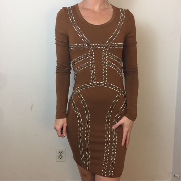 Torn by Ronny Kobo Dresses & Skirts - Torn by Ronny Kobo Brown Studded Long Sleeve Dress